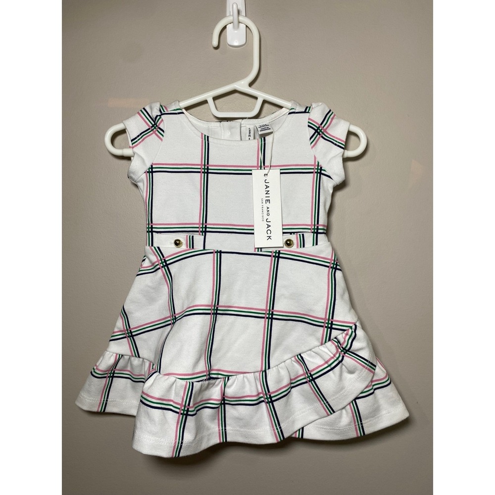 Janie and Jack Girls Plaid Dress with Ruffle Skirt and Gold Buttons Size 3-6 Mth